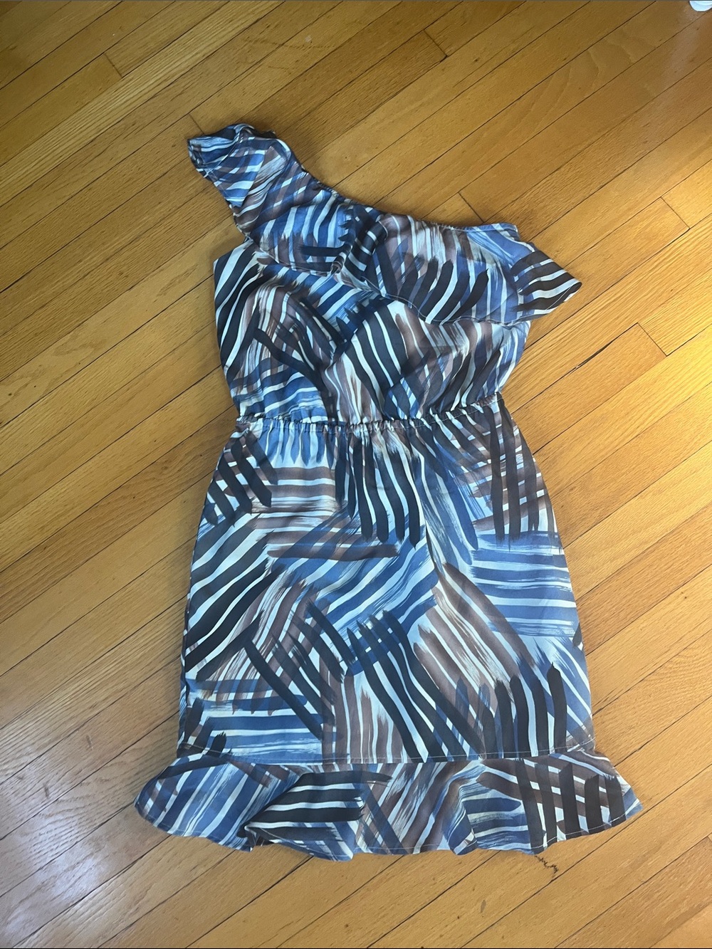 Banana Republic One-Shoulder Blue and Brown Abstract Stripe Dress